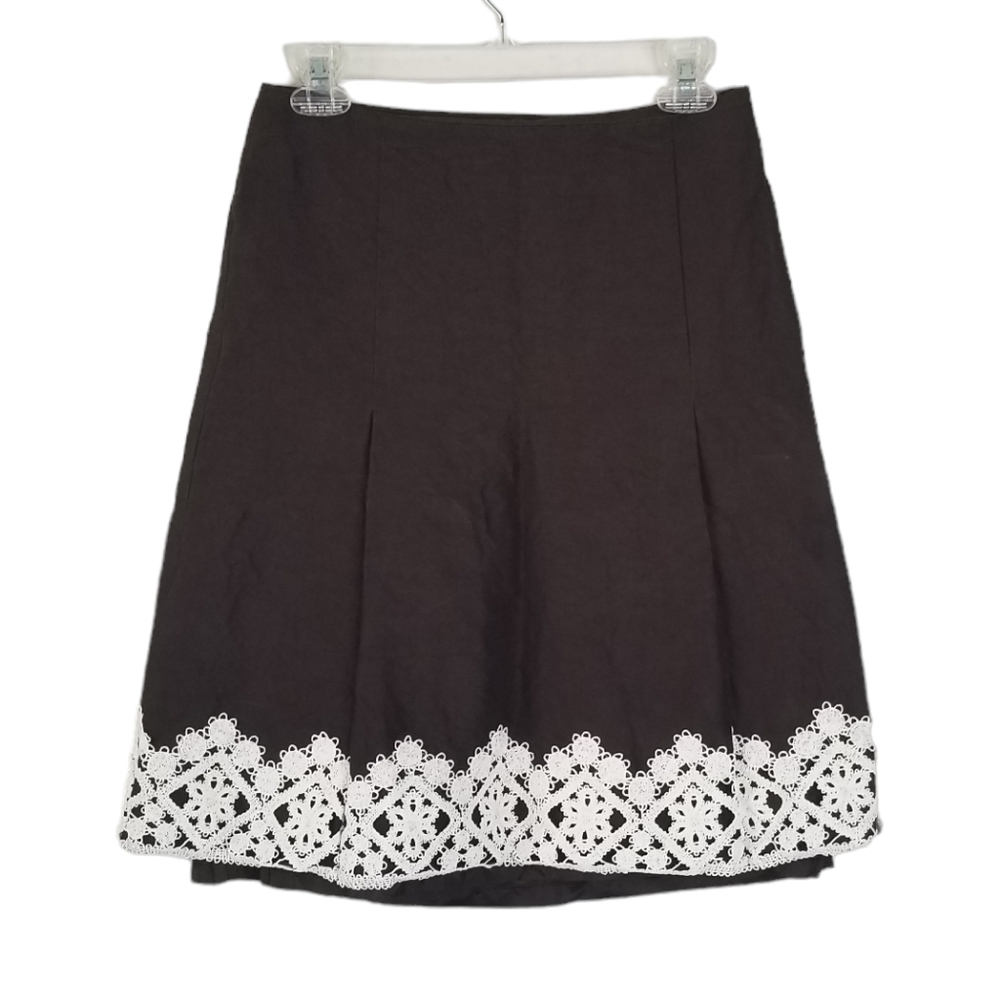 LOFT Brown A Line Pleated Linen Blend Embroidered Hem Skirt Size 4